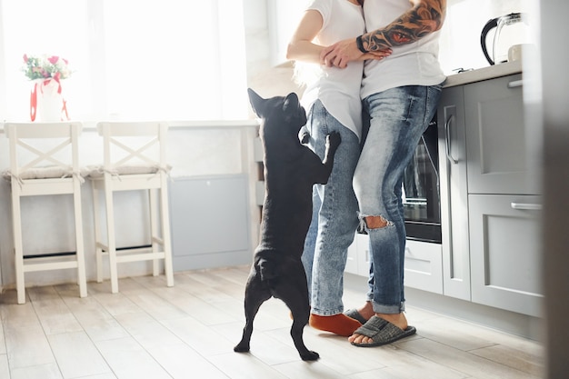 Vue rapprochée du jeune couple moderne dans la cuisine à la maison avec leur chien mignon.