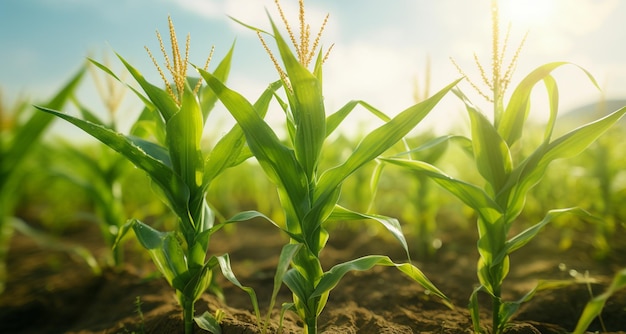 Vue rapprochée du jeune plant de maïs poussant dans le champ Concept agricole