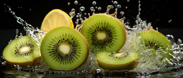 Vue rapprochée du kiwi vert mûr avec des gouttes d'eau mettant en évidence sa douceur naturelle et ses bienfaits pour la santé