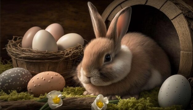 Vue rapprochée du lapin mignon dans le jardin avec des oeufs pour Pâques