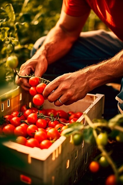 Vue rapprochée du légume de tomate prise d'un fermier inconnaissable tenant des tomates dans sa main