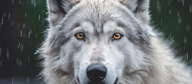 une vue rapprochée du loup blanc avec des gouttes de pluie en arrière-plan