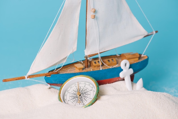Photo vue rapprochée du navire décoratif près de l'ancre et de la boussole dans le sable blanc isolé sur bleu