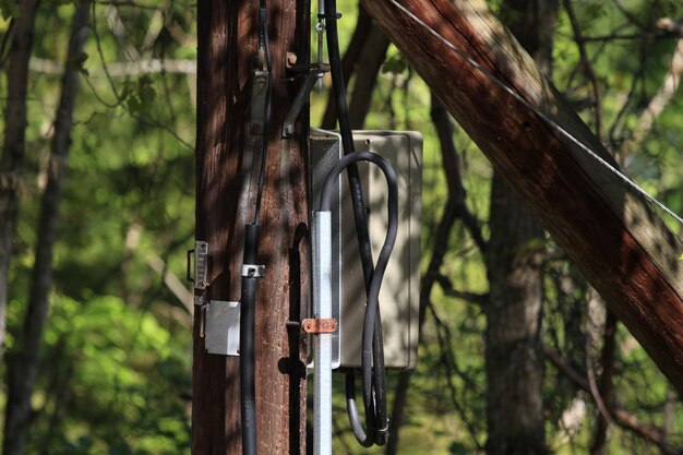 Vue rapprochée du panneau de compteur sur un poteau en bois