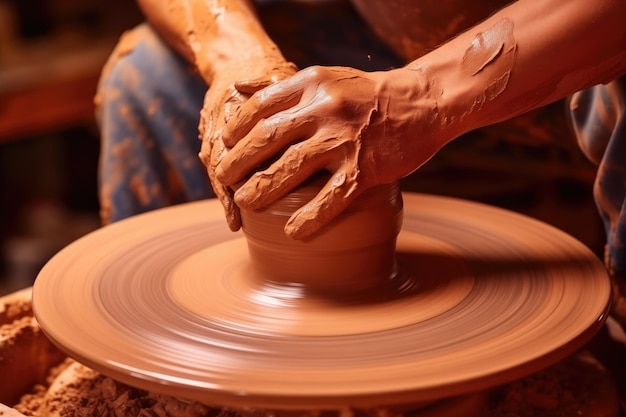 Vue rapprochée du potier façonnant l'argile sur roue Concept de la poterie