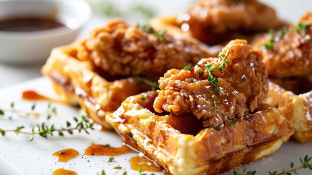 Vue rapprochée du poulet savoureux et des gaufres sur une surface blanche propre