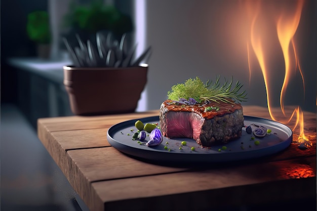 Vue rapprochée du steak succulent contre la table de cuisine du studio