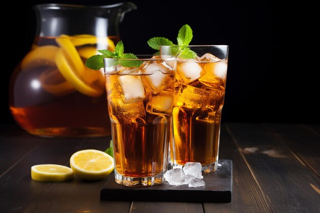 Vue rapprochée du thé glacé versé dans un verre rempli de glace broyée