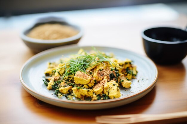 Photo vue rapprochée du tofu brouillé au curcuma et au sel noir