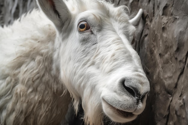 Vue rapprochée du visage d'une chèvre de montagne en train de grimper