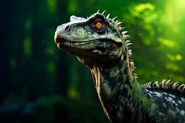 Vue rapprochée du visage du dinosaure avec des arbres en arrière-plan