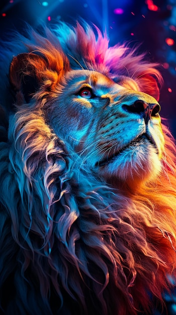 Vue rapprochée du visage du lion avec un fond coloré AI générative