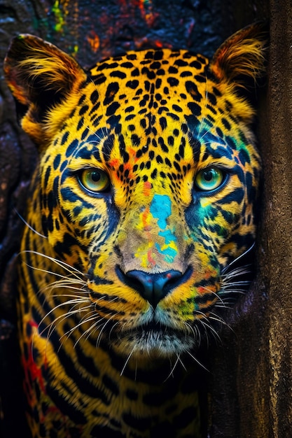 Vue rapprochée du visage du tigre avec beaucoup de couleurs