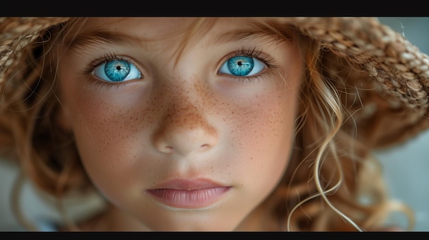 Photo vue rapprochée du visage de l'enfant avec des yeux bleus, un sourire et des cheveux blonds.