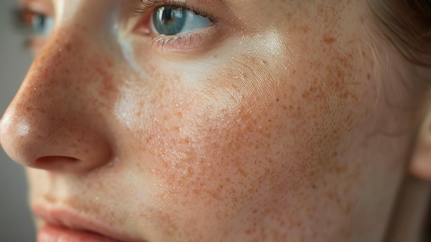 Vue rapprochée du visage féminin avec la peau tachetée Vue très détaillée de la peau féminine appliquant de la crème hydratante