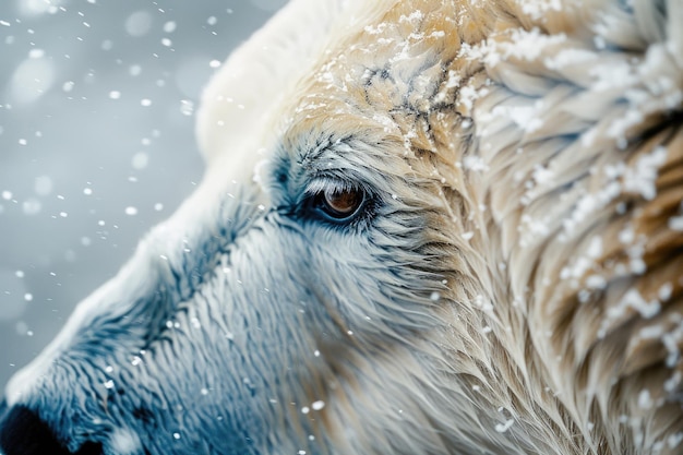 Photo vue rapprochée du visage d'un ours polaire avec des flocons de neige sur sa fourrure