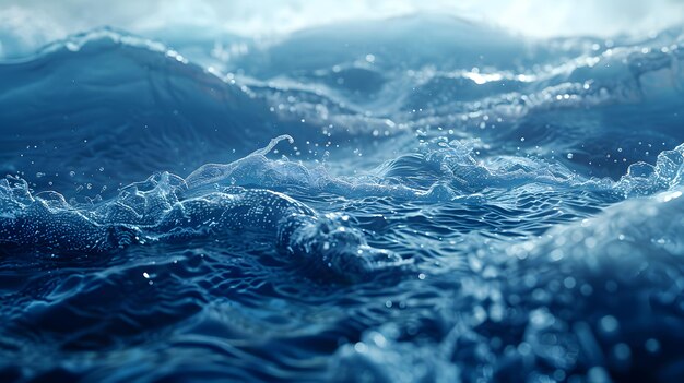 Vue rapprochée de l'eau bleue électrique avec des vagues de vent s'écrasant sur le rivage