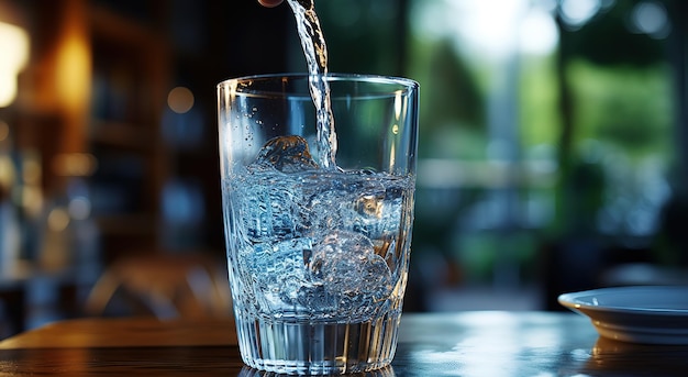 Vue rapprochée d'eau potable fraîche purifiée dans un verre