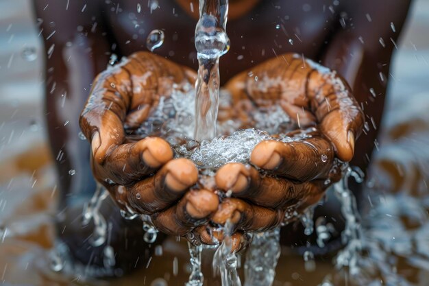 Vue rapprochée de l'eau pure versée dans les mains de la personne avec des gouttelettes d'éclaboussure détaillées et