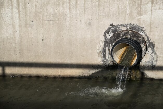 Vue rapprochée de l'eau qui tombe du tuyau sur le mur