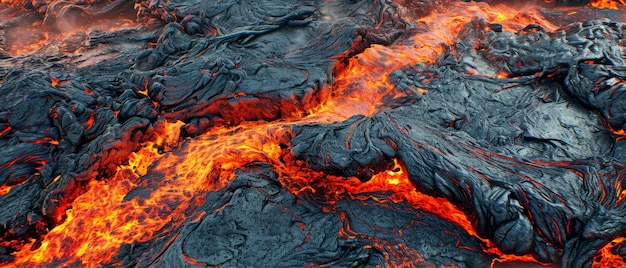 Vue rapprochée de l'écoulement vibrant de la lave fondue montrant les textures dynamiques et la chaleur intense