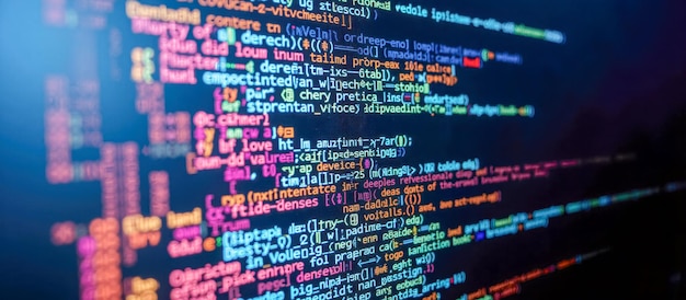Vue rapprochée de l'écran de l'ordinateur affichant des lignes de code colorées représentant le langage de programmation, la syntaxe, le développement de logiciels, le codage des données numériques, le développement Web, le moniteur de scripts IT.