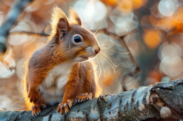 Vue rapprochée d'un écureuil rouge sur une branche d'arbre avec un fond d'automne à faible mise au point à la lumière chaude du soleil