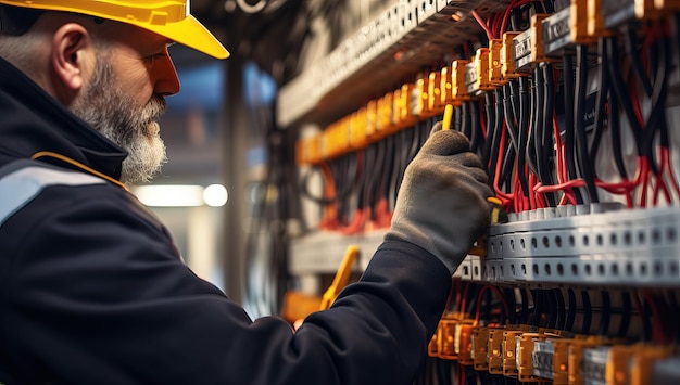 Vue rapprochée d'un électricien travaillant sur un fusible