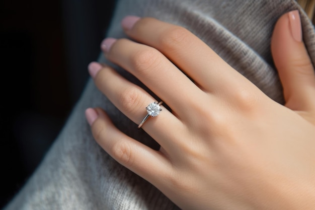 Vue rapprochée d'une élégante bague en diamant sur le doigt d'une jeune femme