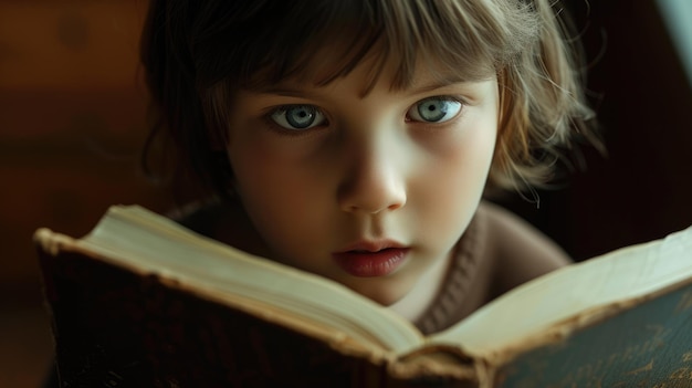 Vue rapprochée d'un enfant attrayant lisant un livre tout en regardant la caméra