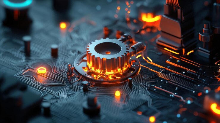 Photo vue rapprochée d'un engrenage lumineux sur une carte de circuit imprimé présentant des détails complexes et des couleurs vives idéales pour les thèmes technologiques