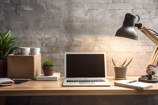 Vue rapprochée d'un espace de travail de designers créatifs avec une toile de fond en bois et un écran d'ordinateur portable vide smartphone tasse à café lampe de table plante livres et crayons une maquette