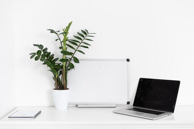 Vue rapprochée d'un espace de travail simple avec ordinateur portable, cahiers et pot d'arbre sur une table blanche avec un arrière-plan flou de la salle de bureau.