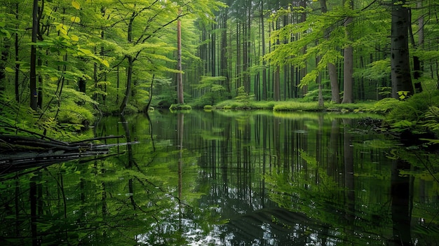 Vue rapprochée d'un étang forestier tranquille entouré d'arbres hauts et de feuillages vibrants avec des reflets de la verdure luxuriante reflétée dans l'eau calme