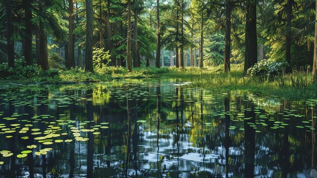 Vue rapprochée d'un étang forestier tranquille entouré d'arbres hauts et de feuillages vibrants avec des reflets de la verdure luxuriante reflétée dans l'eau calme