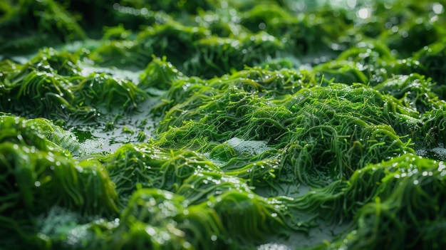 Une vue rapprochée d'une étendue d'eau couverte d'une épaisse couche d'algues bleu-vert avec ses algues visqueuses
