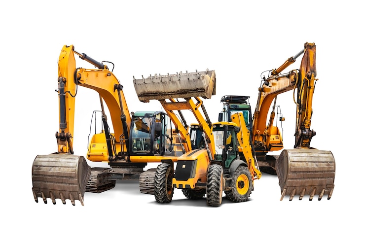 Photo vue rapprochée d'une excavatrice et d'un chargeur de bulldozer sur un fond blanc isolé equipement de construction pour les travaux de terrassement élément de conception location d'équipements de construction modernes