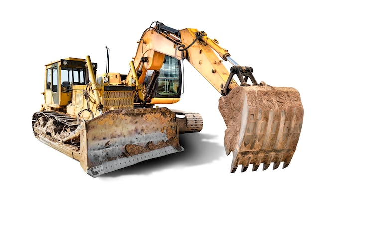 Photo vue rapprochée d'une excavatrice et d'un chargeur de bulldozer sur un fond blanc isolé matériel de construction pour les travaux de terrassement élément de conception location de matériel de construction vue proche