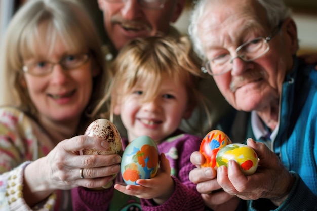 Vue rapprochée d'une famille joyeuse avec des œufs de Pâques peints