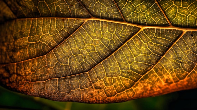 Une vue rapprochée fascinante des veines complexes et des textures d'une feuille ensoleillée pendant l'été