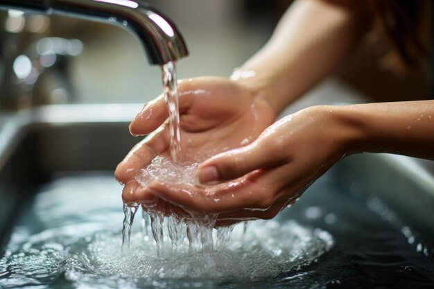 Vue rapprochée d'une femme anonyme pratiquant l'hygiène en se lavant les mains