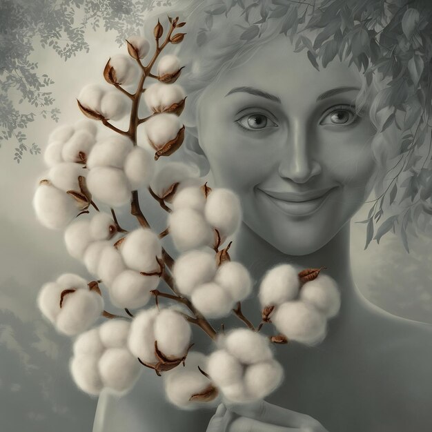 Vue rapprochée femme avec une branche avec des fleurs de coton