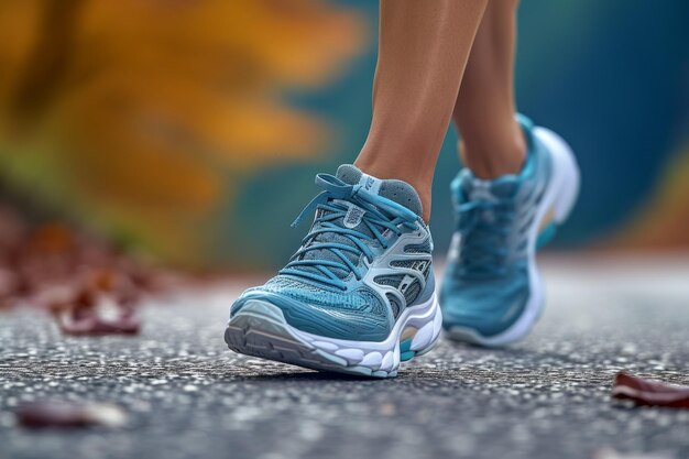 Vue rapprochée d'une femme en chaussures de course marchant sur une route pavée