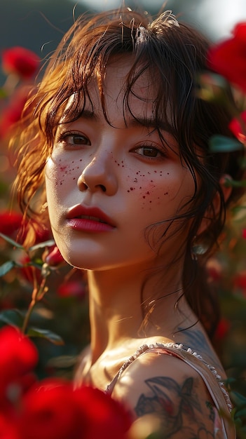 Vue rapprochée d'une femme coréenne en train de transpirer par une chaude journée d'été dans un jardin de roses IA générative