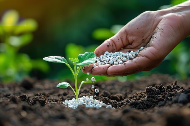 Vue rapprochée d'une femme fertilisant une petite plante dans son jardin avec un grand fond flou et de l'espace pour le texte ou le produit IA générative