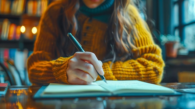 Vue rapprochée d'une femme en pull confortable écrivant des pensées dans un cahier à une table en bois dans un café ambiant