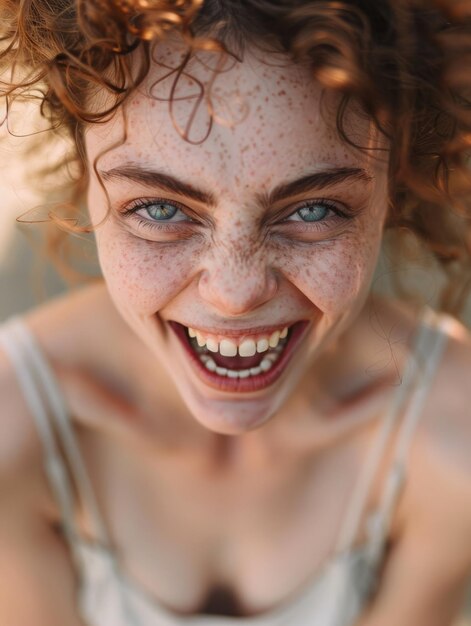 Vue rapprochée d'une femme avec des taches de rousseur riant montrant son sourire heureux et ses dents