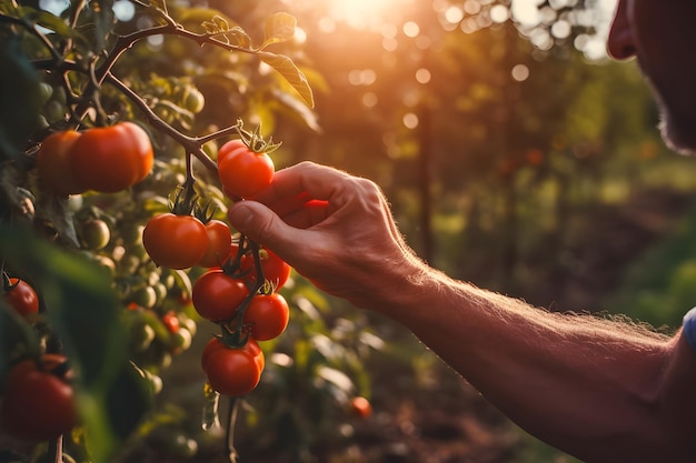 Vue rapprochée d'un fermier mâle cueillant des tomates cerises rouges Concept de récolte et d'agriculture alimentaire biologique Généré par l'IA