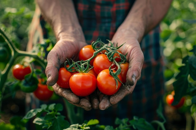 Photo vue rapprochée d'un fermier tenant une poignée de tomates mûres