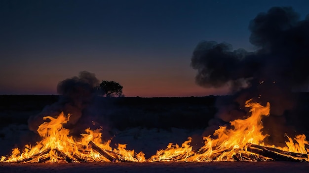 Vue rapprochée d'un feu de camp avec des flammes intenses la nuit
